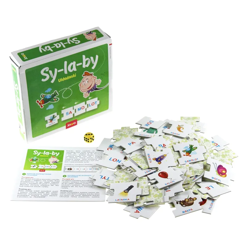 Kolorowe elementy gry Sylaby JAWA z sylabami i ilustracjami