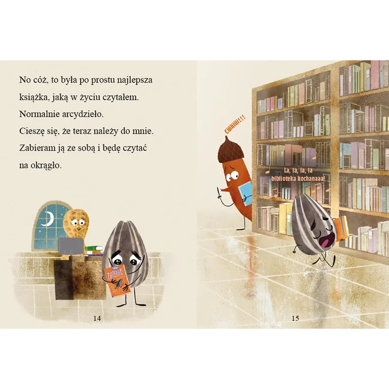 Kolorowa ilustracja z książki Niesforne Ziarenko idzie do biblioteki przedstawiająca bohatera i bibliotekę