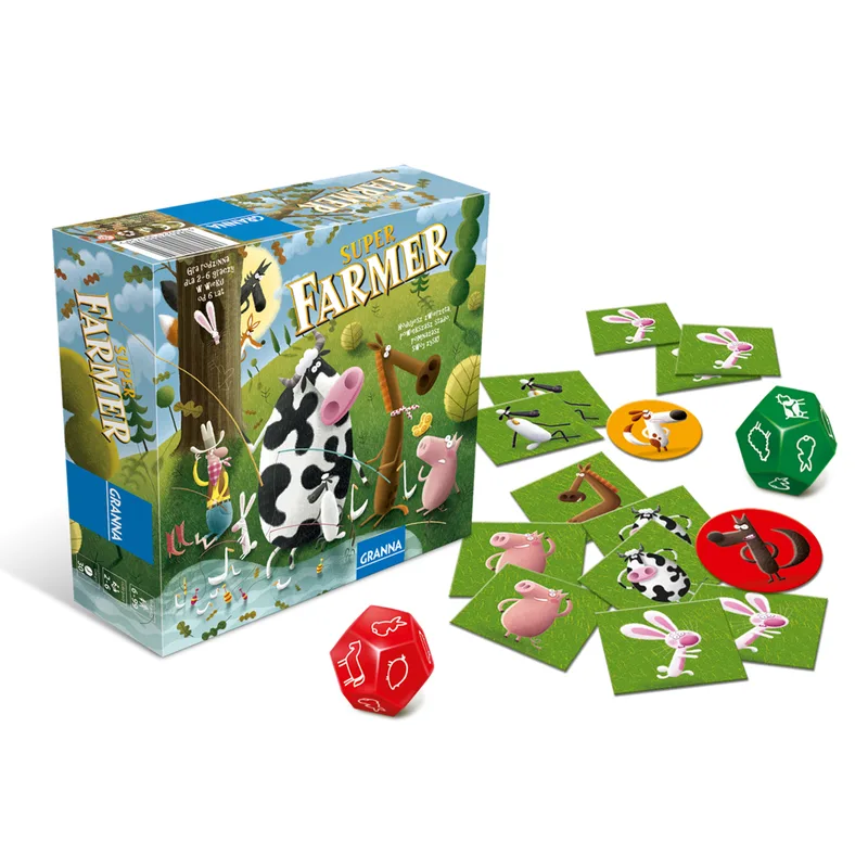 Elementy gry Superfarmer z Rancha — kostki i żetony zwierząt