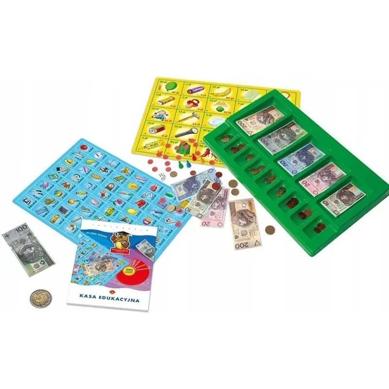 Elementy gry Kasa edukacyjna sowa mądra głowa - banknoty, monety i pionki