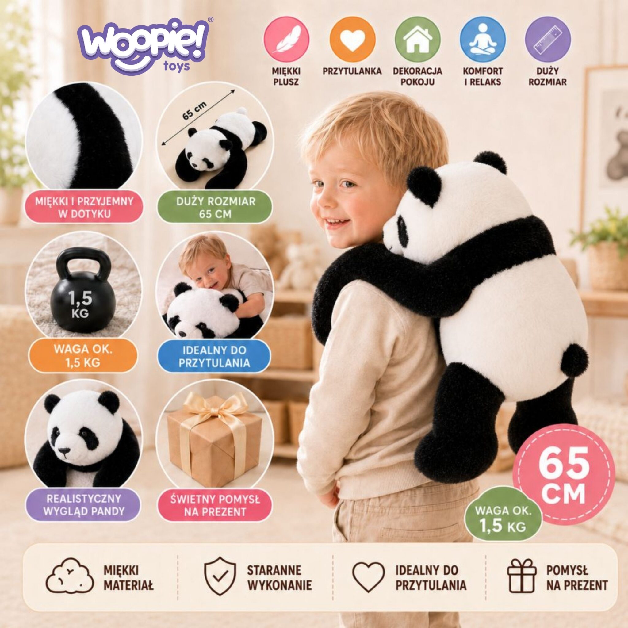Szczegół materiału pluszaka Panda; miękki, przyjemny w dotyku materiał stymulujący zmysły, idealny do przytulania