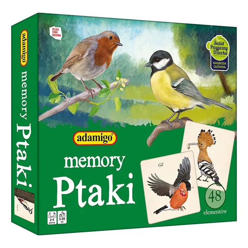 Gra Memory ptaki ADAMIGO pudełko i karty do gry
