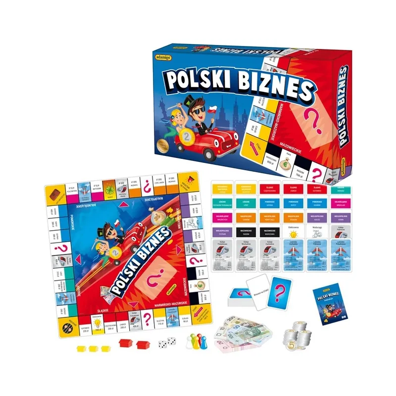 Elementy gry Polski Biznes ADAMIGO - pionki, karty i banknoty