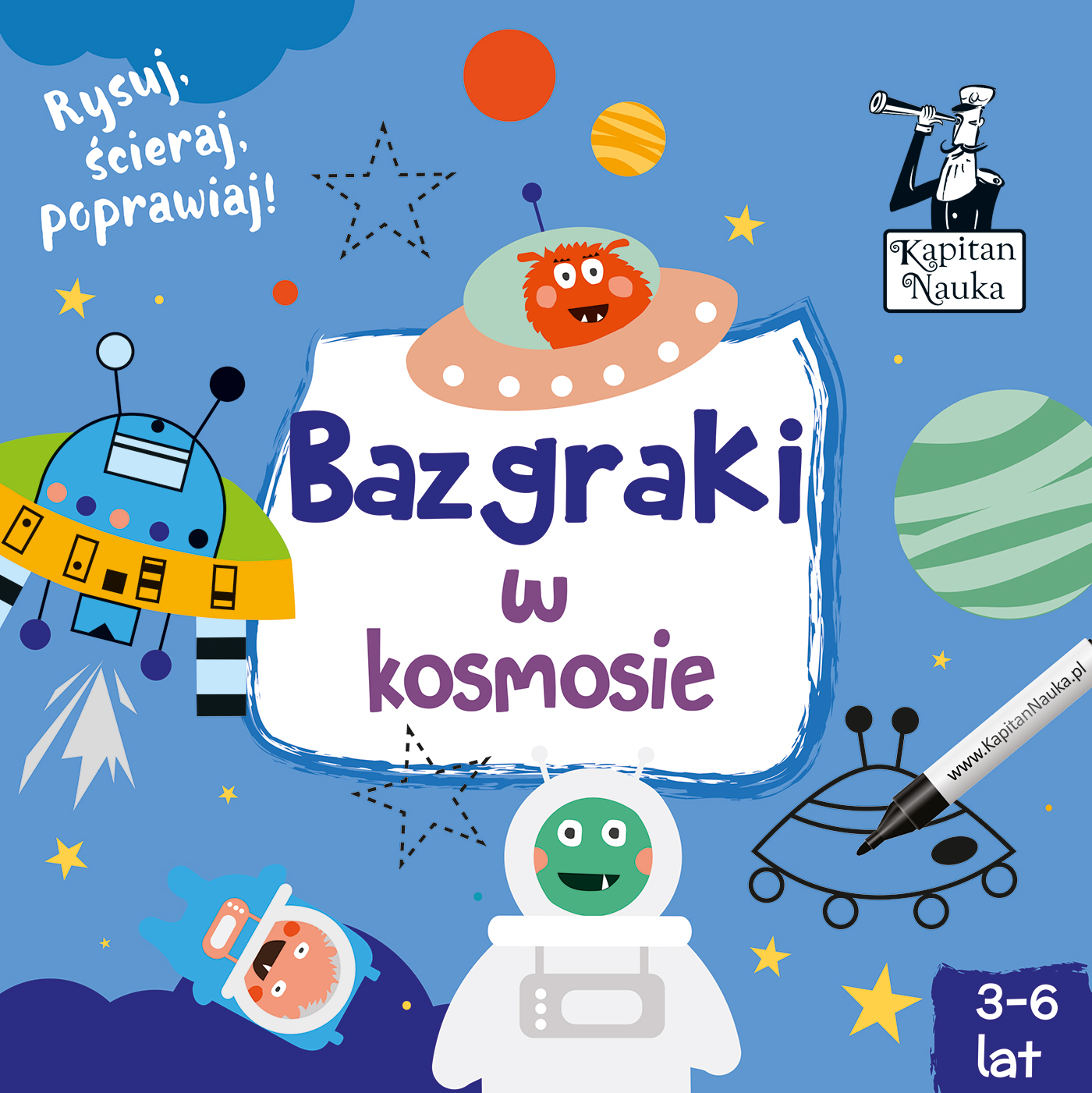 Okładka książeczki Bazgraki w kosmosie Kapitan Nauka z serii EDGARD