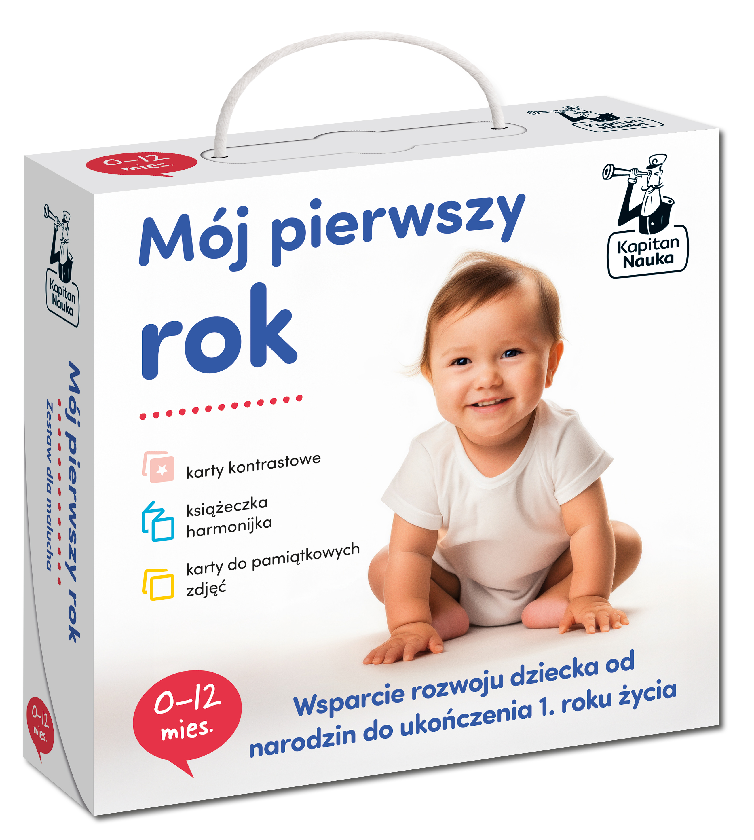 Zestaw edukacyjny Mój pierwszy rok - widok kart kontrastowych i książeczki Kapitan Nauka