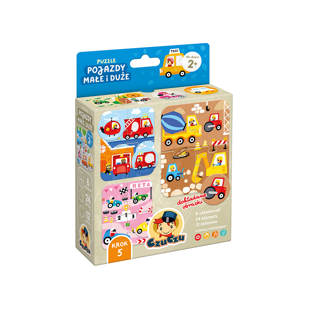CzuCzu Puzzle Pojazdy małe i duże - zestaw 6 układanek i 12 żetonów dla dzieci 2+
