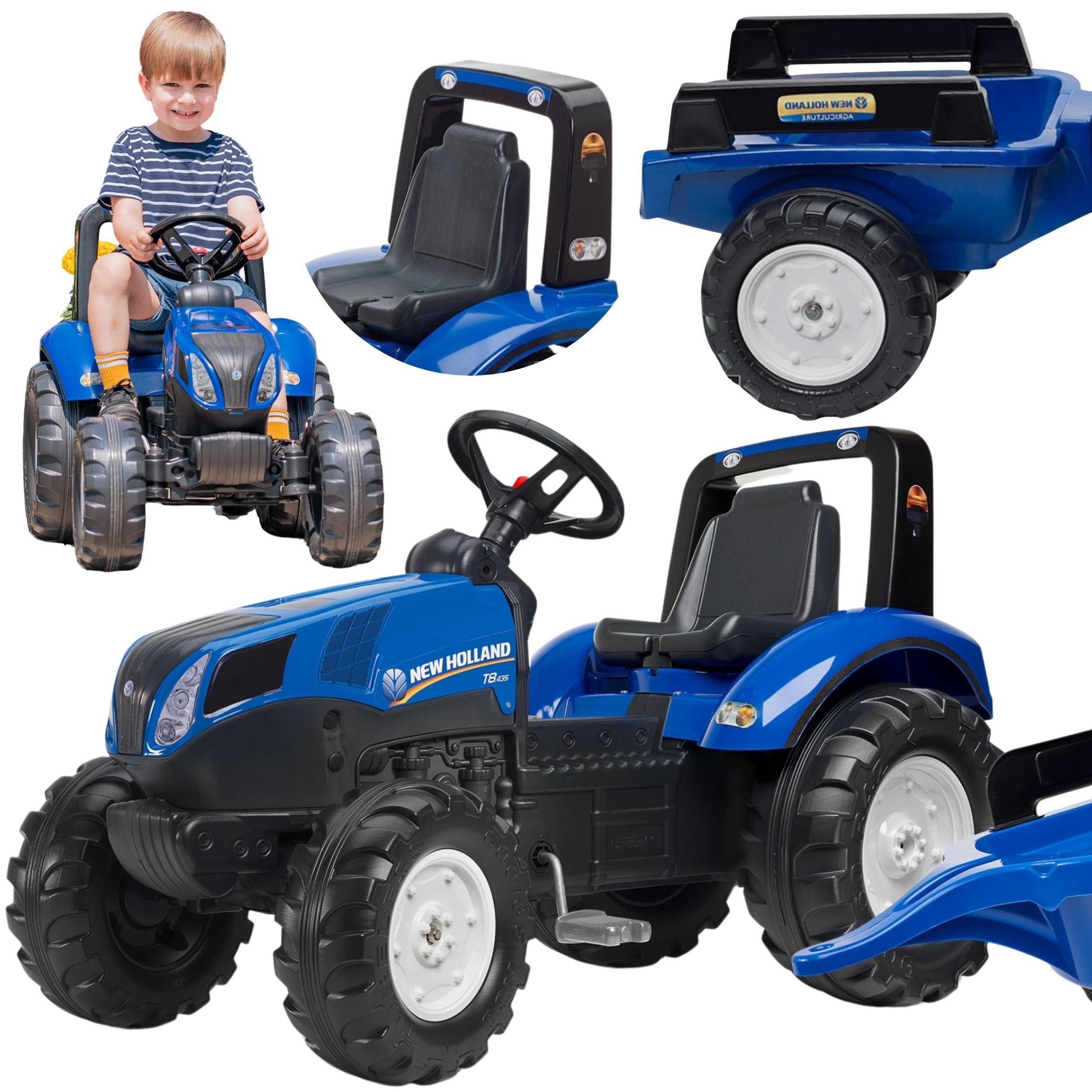 Traktor na pedały New Holland T8 FALK niebieski z przyczepą
