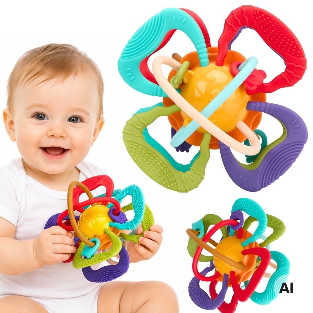 Kolorowa piłka sensoryczna i gryzak Woopie Baby 13x13x12 cm dla niemowląt