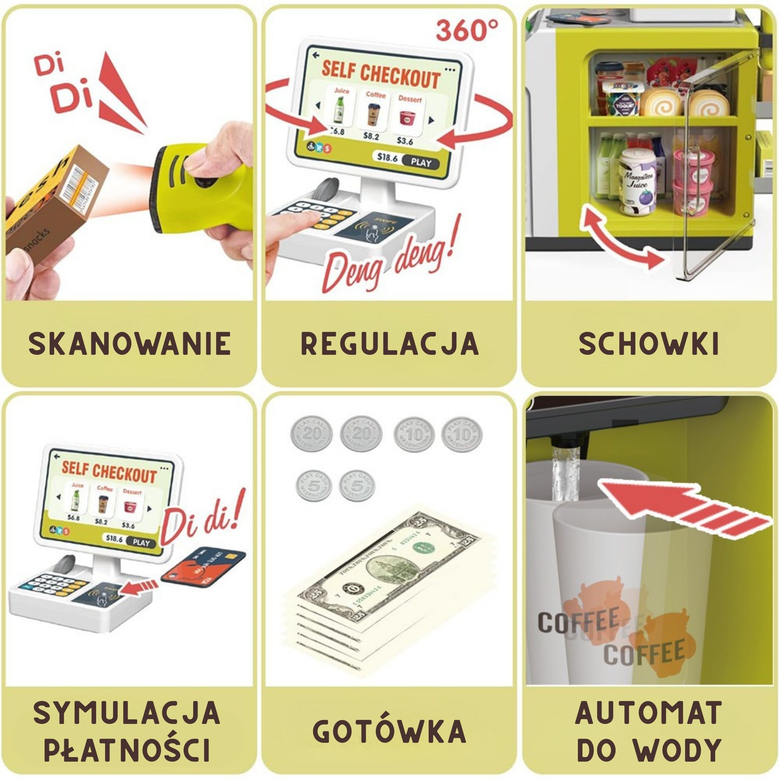Mini Market WOOPIE z ekspressem do kawy i kolorowymi produktami spożywczymi