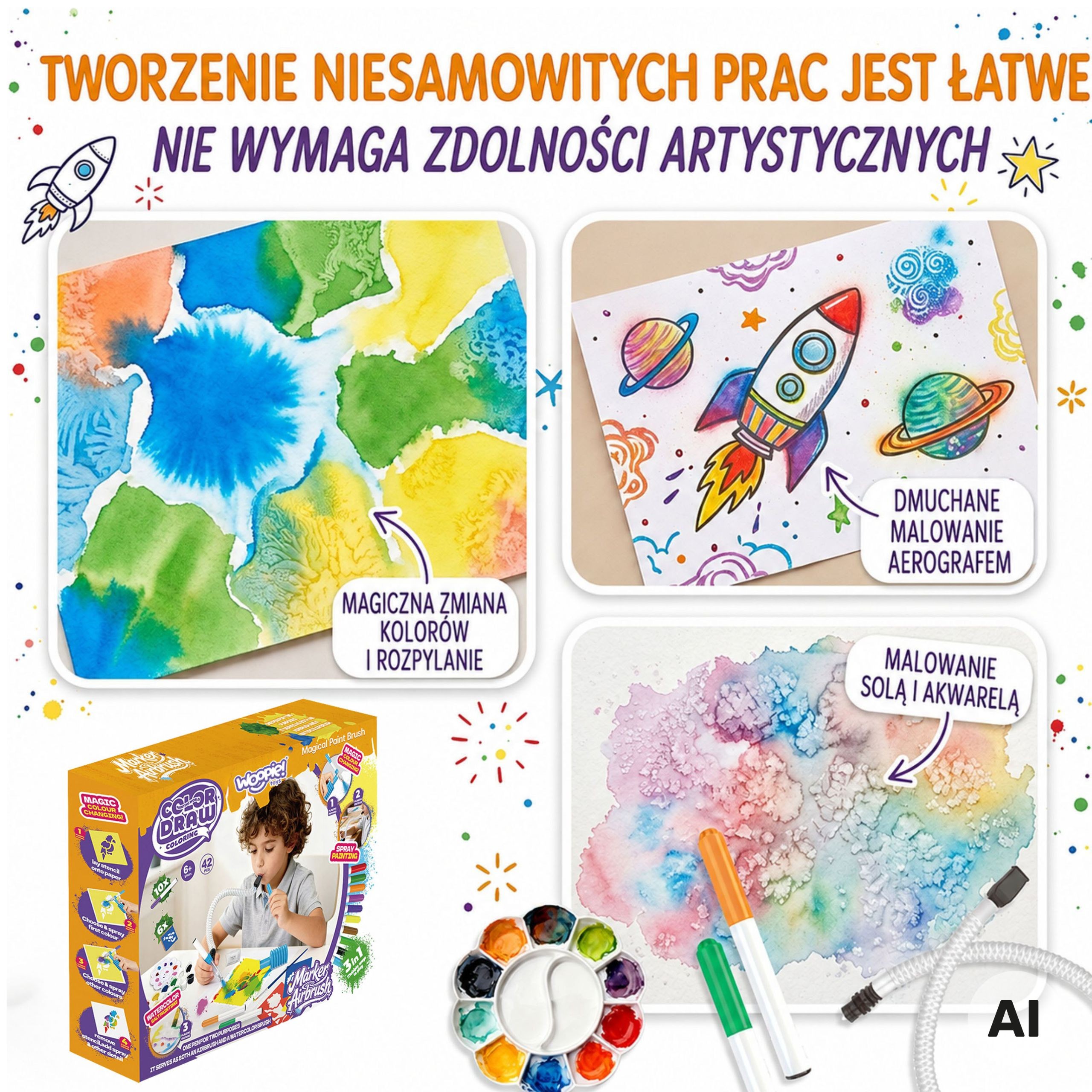 Elementy zestawu WOOPIE kreatywnego 3w1 do malowania i szablony