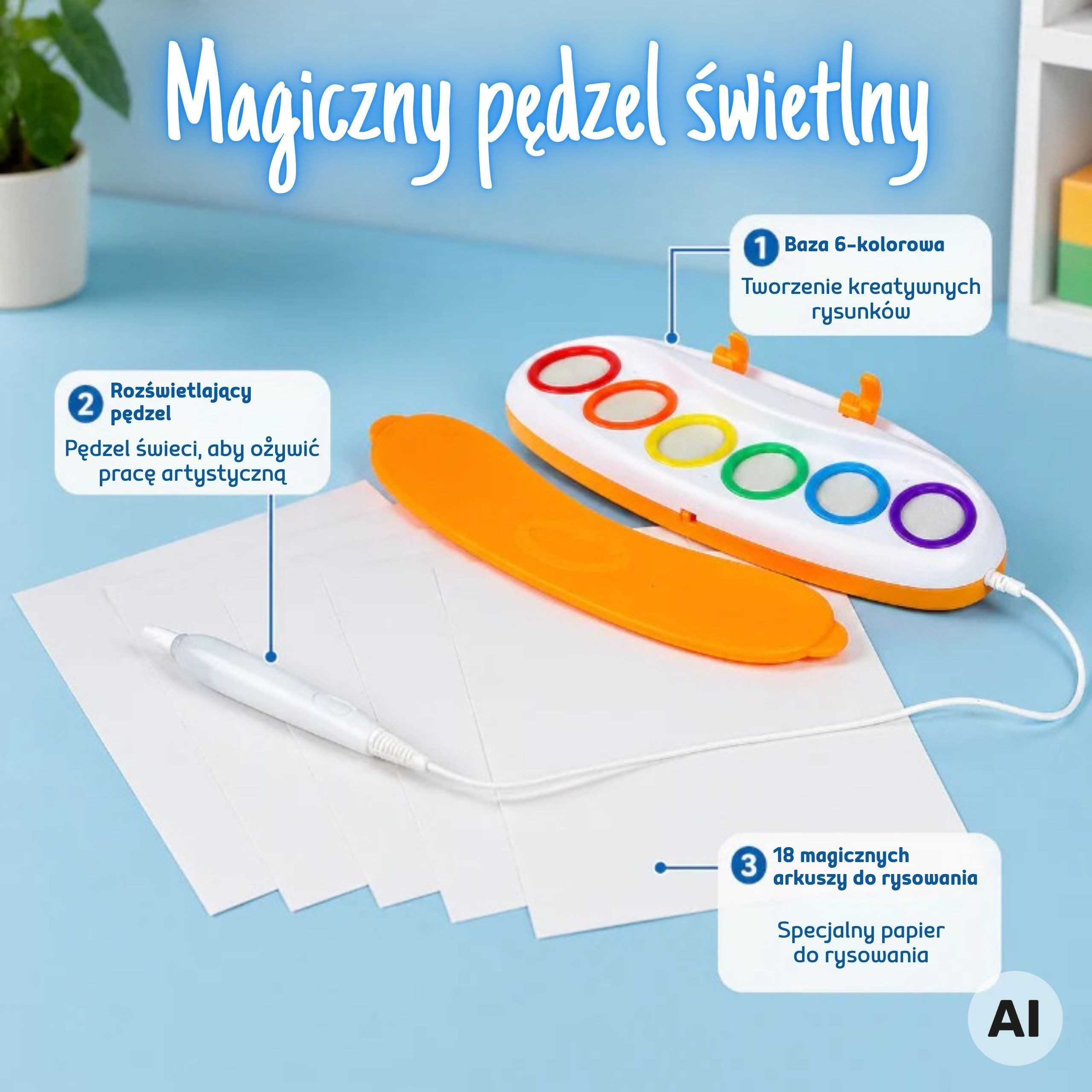 Pędzel LED do malowania światłem oraz specjalny papier w zestawie WOOPIE