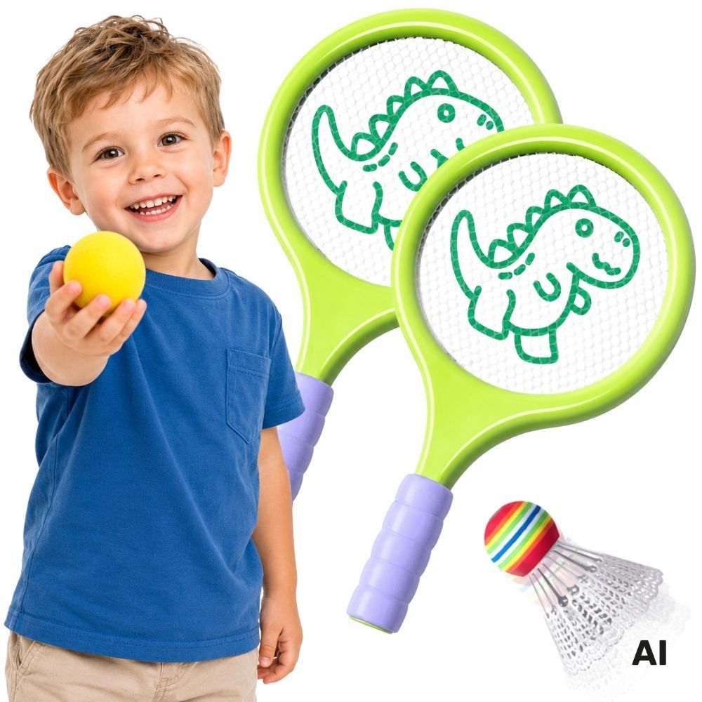 Zestaw rakietek do badmintona WOOPIE z motywem dinozaura, dwie zielone rakietki 37 cm