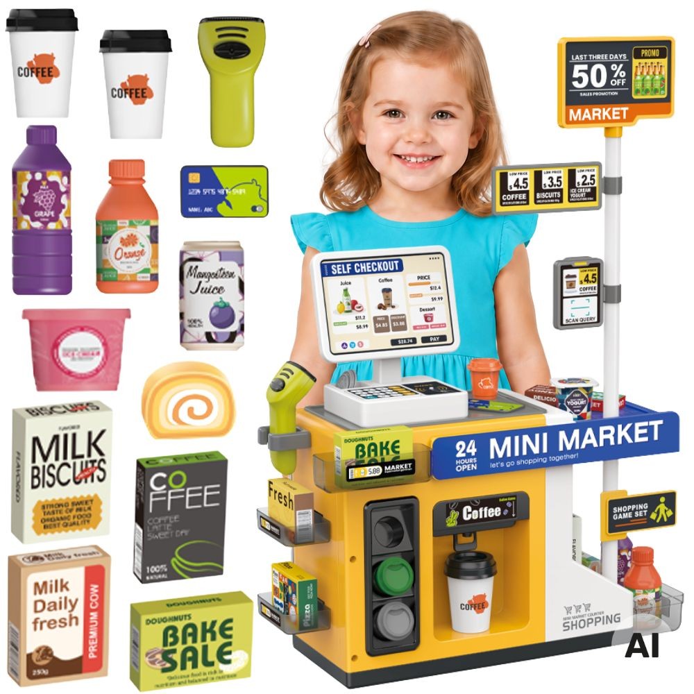 Interaktywny Mini Market WOOPIE z kasą i skanerem kodów kreskowych
