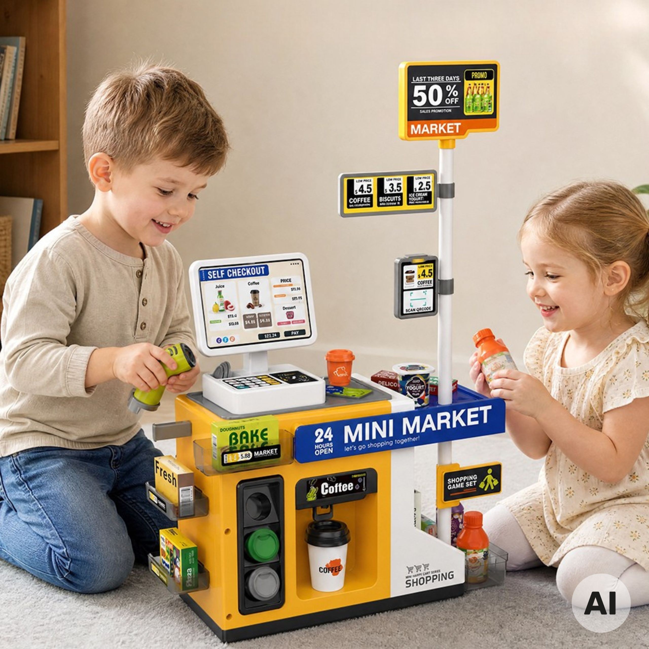 Widok stoiska Mini Market WOOPIE z detalami ekspresu do kawy i akcesoriami