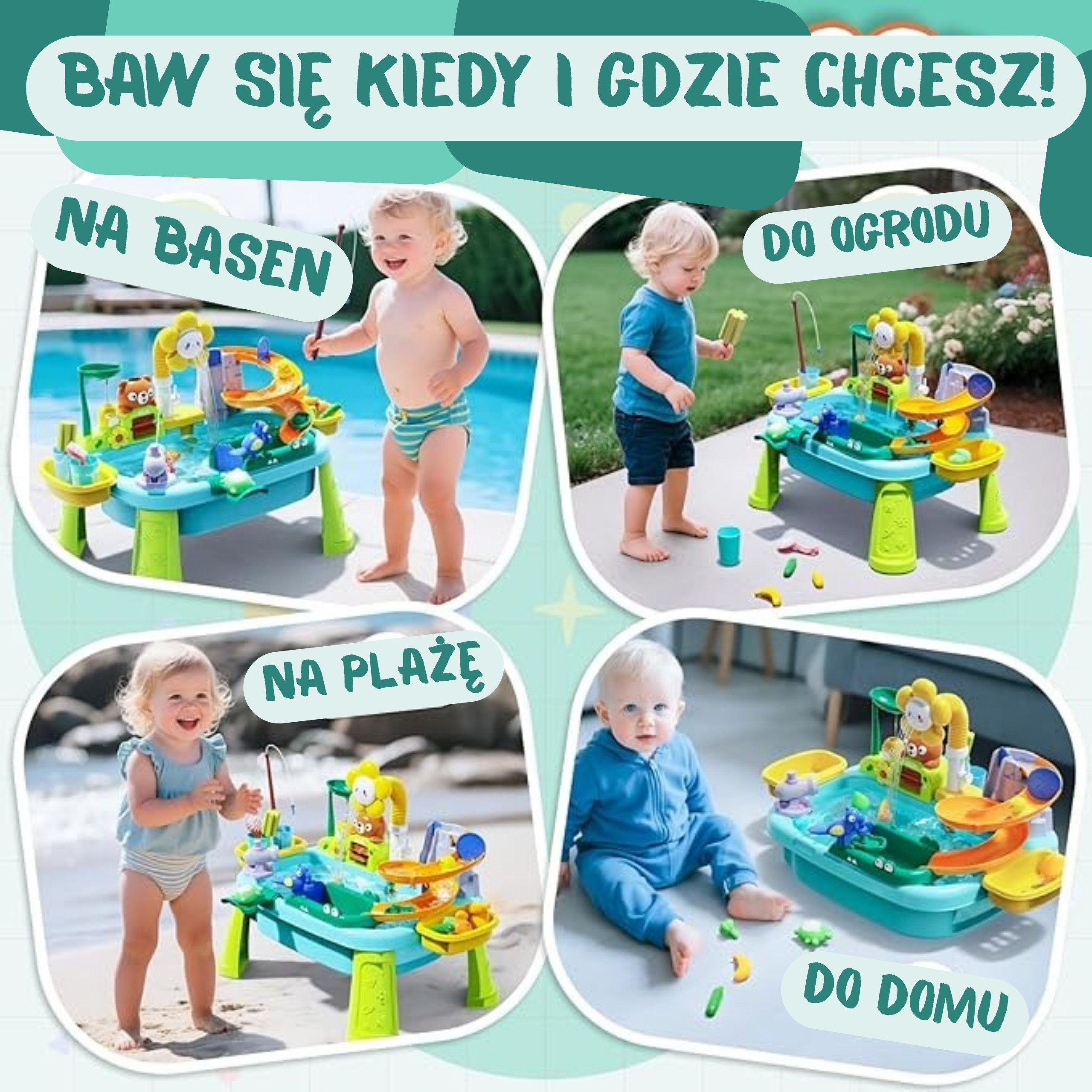 Zestaw wodny WOOPIE – widok z boku na stabilną konstrukcję i zjeżdżalnię
