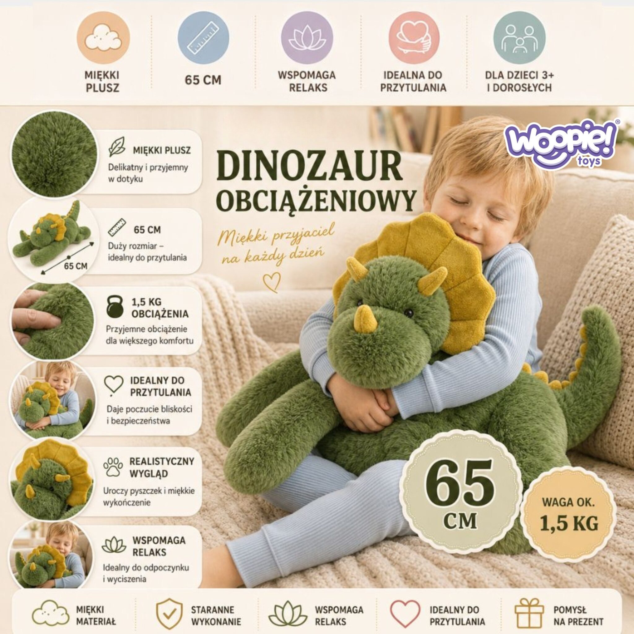 Widok pluszaka sensorycznego WOOPIE Ciężkomiś ułożonego bokiem, eksponujący grubość wypełnienia i detale materiału przy wysokości 65 cm