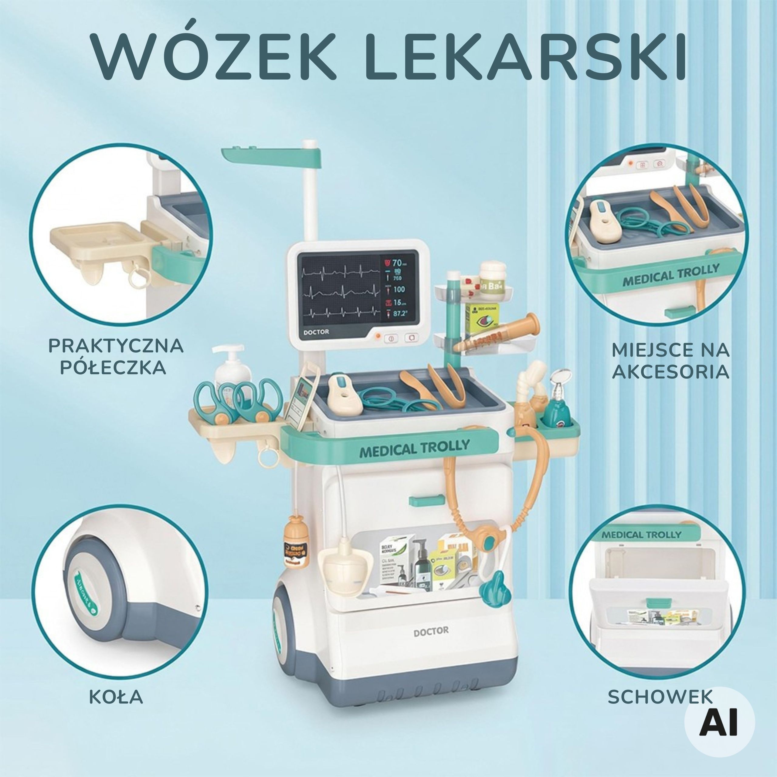 Mobilny wózek medyczny WOOPIE z regulowanym panelem i szafką na akcesoria