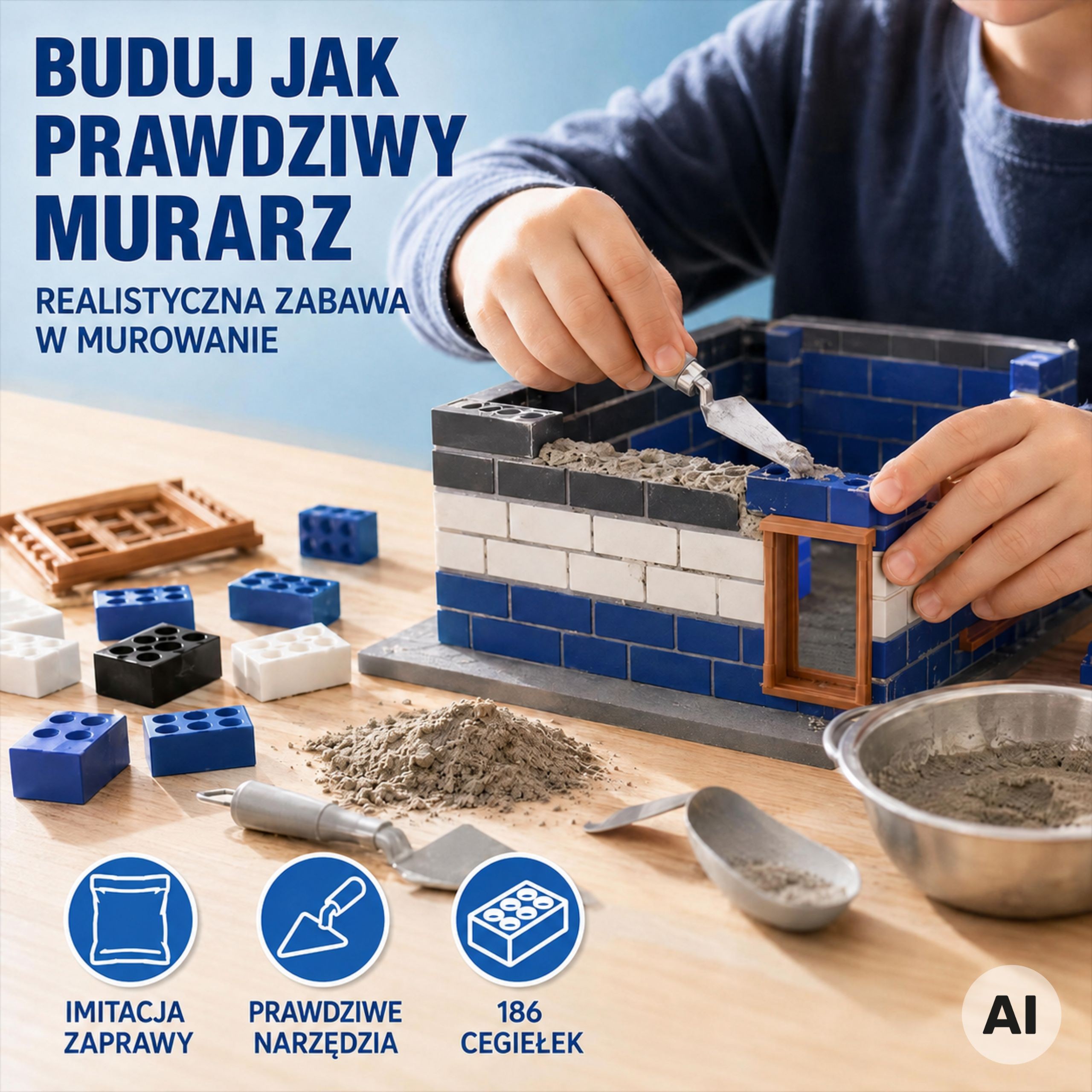 Elementy zestawu konstrukcyjnego WOOPIE do budowy posterunku policji