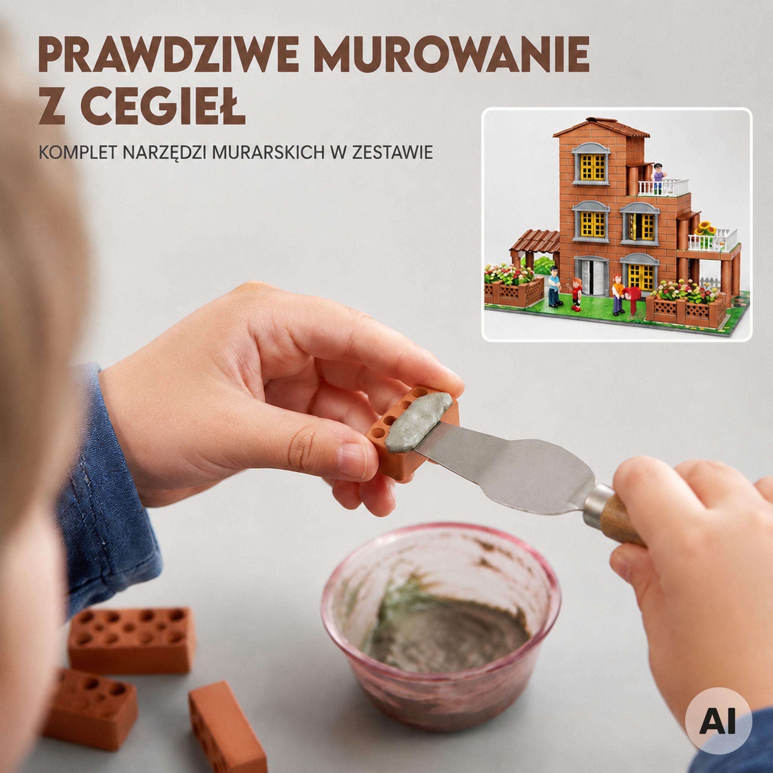 Elementy zestawu WOOPIE Willa - cegły, narzędzia i figurki postaci