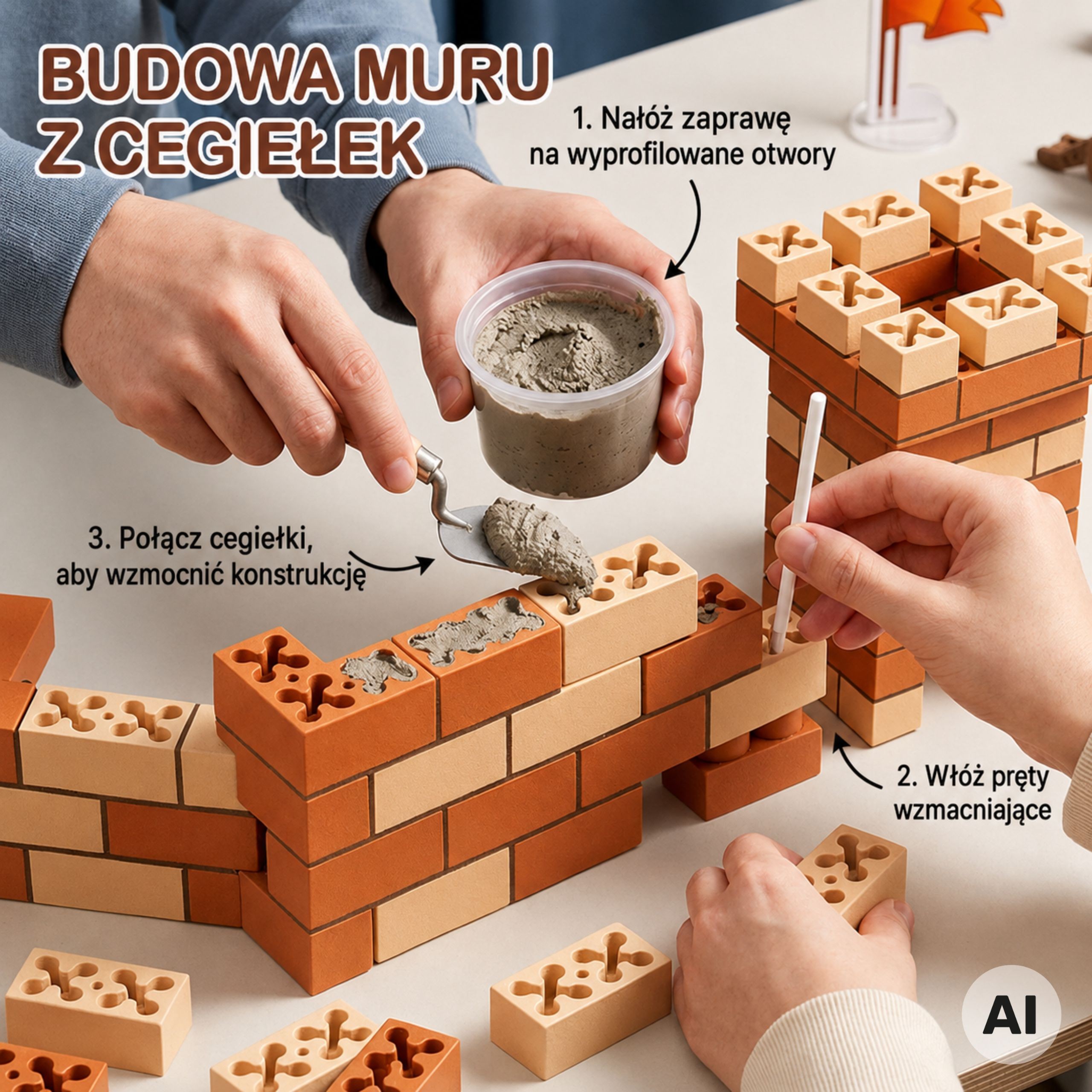 Elementy zestawu WOOPIE: cegiełki, figurki rycerzy i akcesoria z tektury