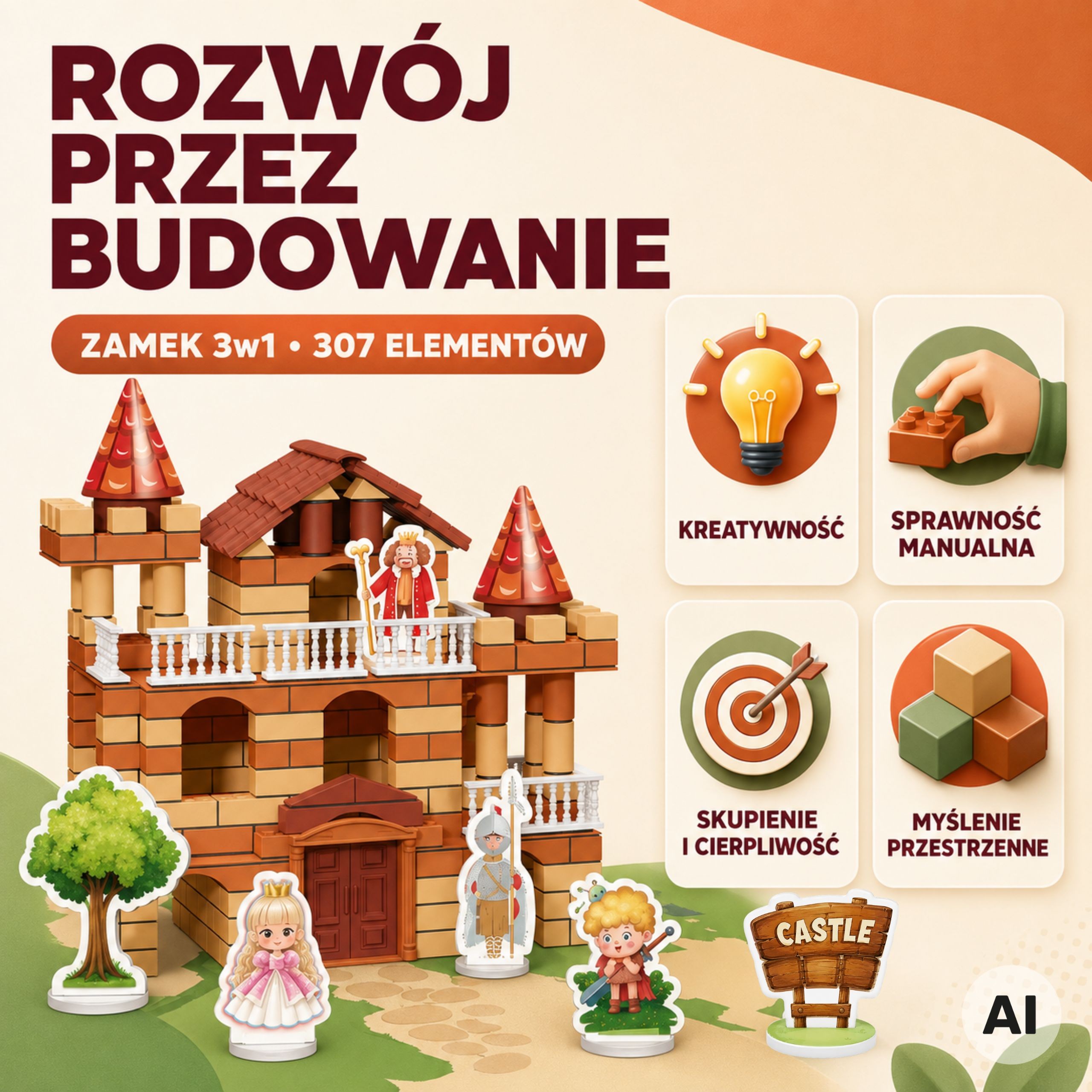Elementy zestawu Zamek z Cegiełek 3w1 WOOPIE - miniaturowe cegiełki i figurki