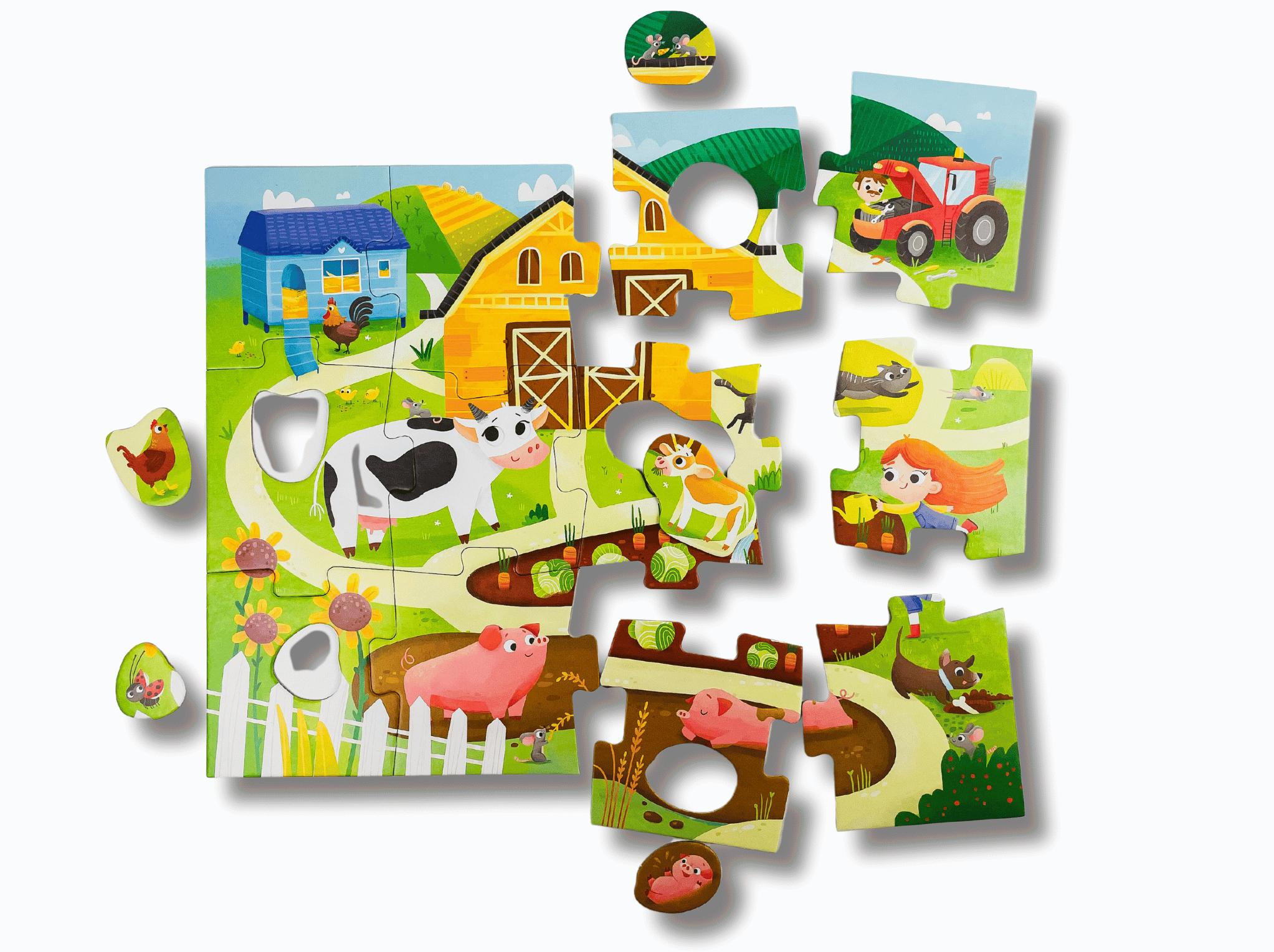 Puzzle Na wsi + figurki Kapitan Nauka - widok elementów i figurek