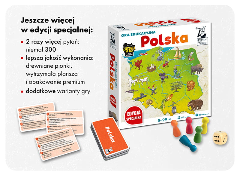 Plansza i drewniane pionki gry edukacyjnej Kapitan Nauka Polska Edycja specjalna