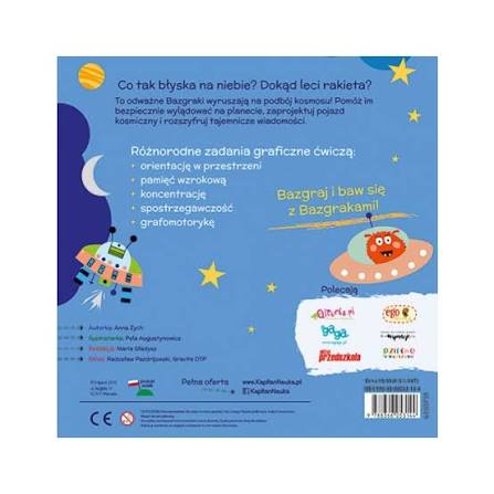 Wnętrze książeczki Bazgraki w kosmosie z kolorowymi zadaniami i ilustracjami