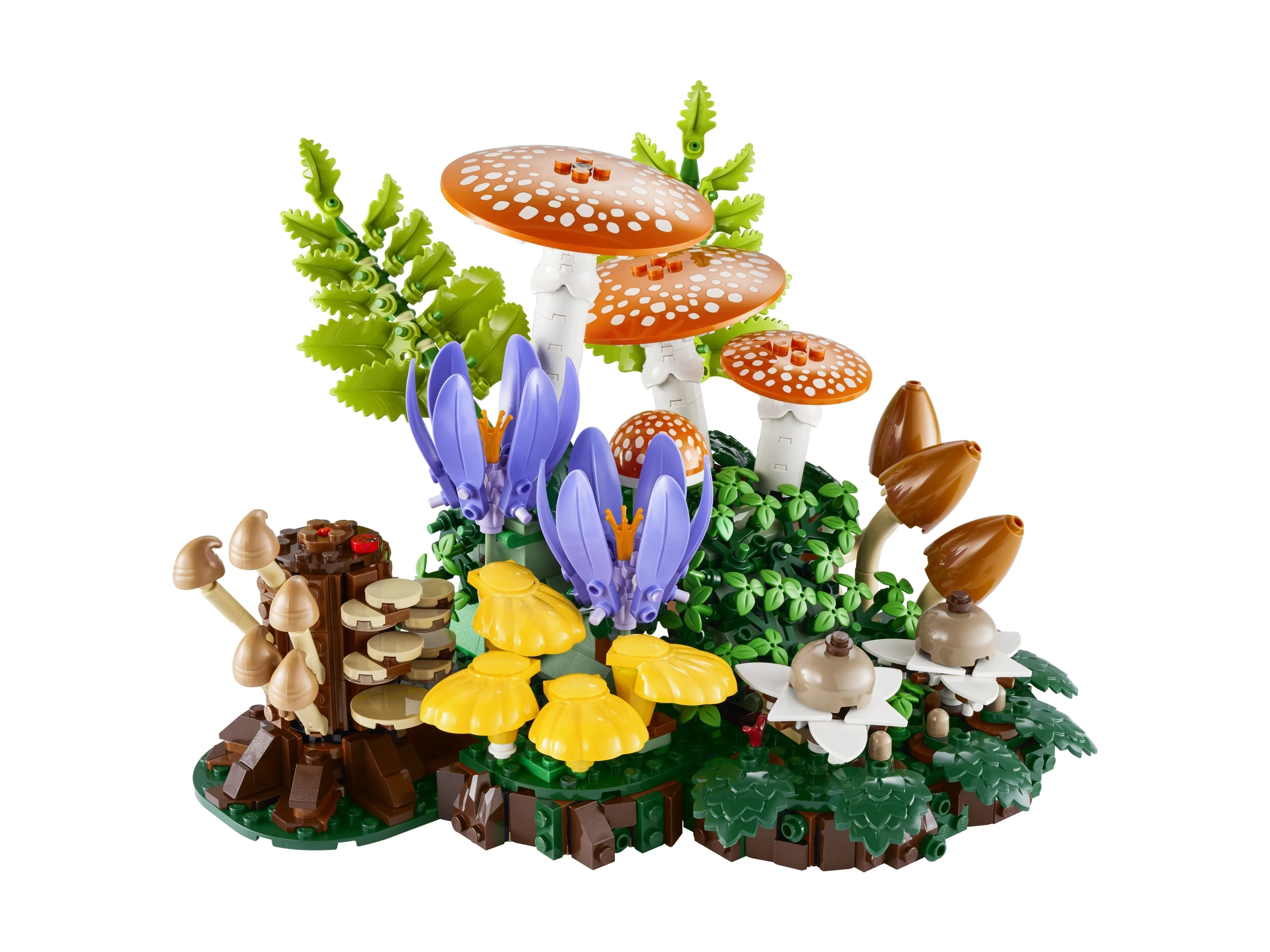 Detale zestawu LEGO Botanicals Grzyby leśne 11505 z kolorowymi muchomorami i liśćmi paproci
