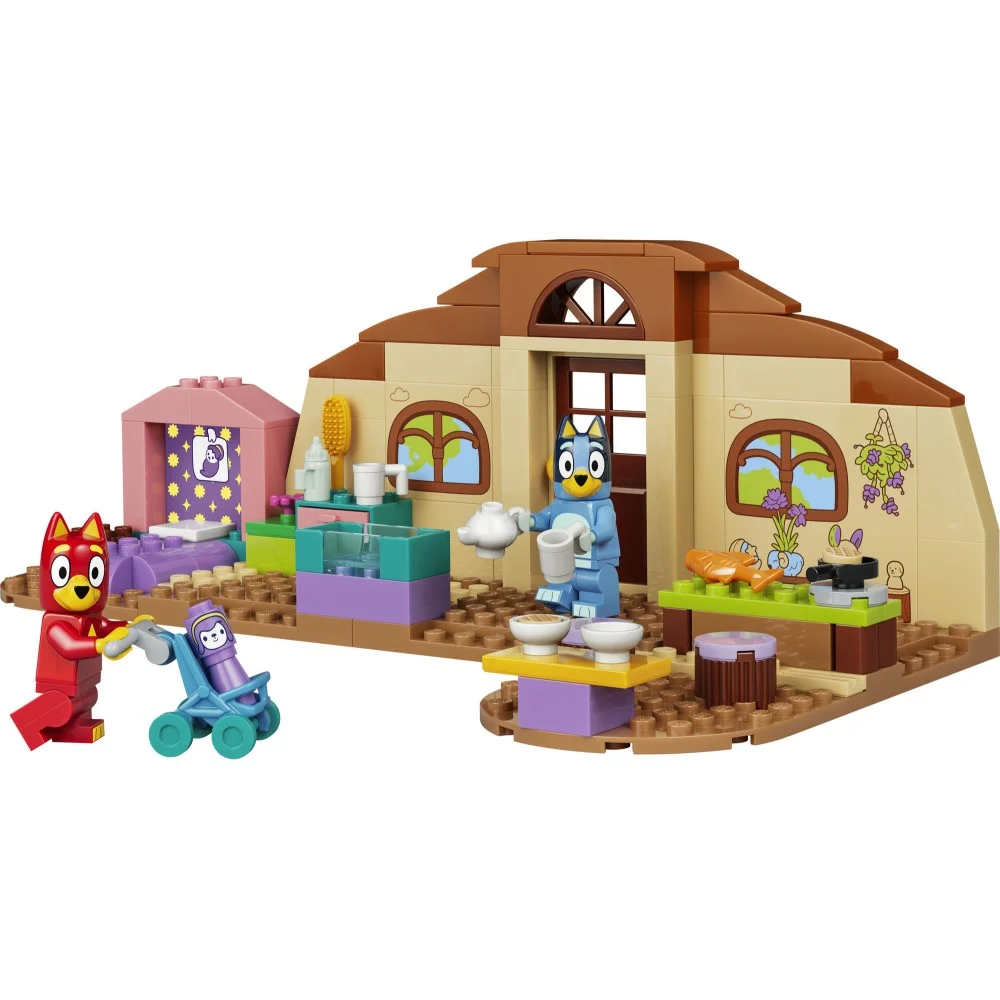 Minifigurki Blue i Ryżyk oraz elementy zestawu LEGO Bluey 11221