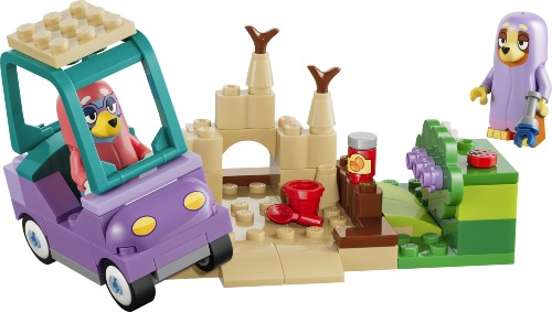 Samochód i ogród z piaskownicą w zestawie LEGO Bluey Babunie z Bingo i Blue 11216