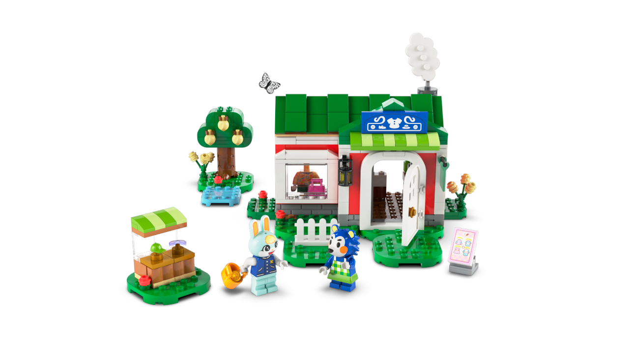Model LEGO Animal Crossing 77055 z detalami sklepu, ogrodem i akcesoriami modowymi
