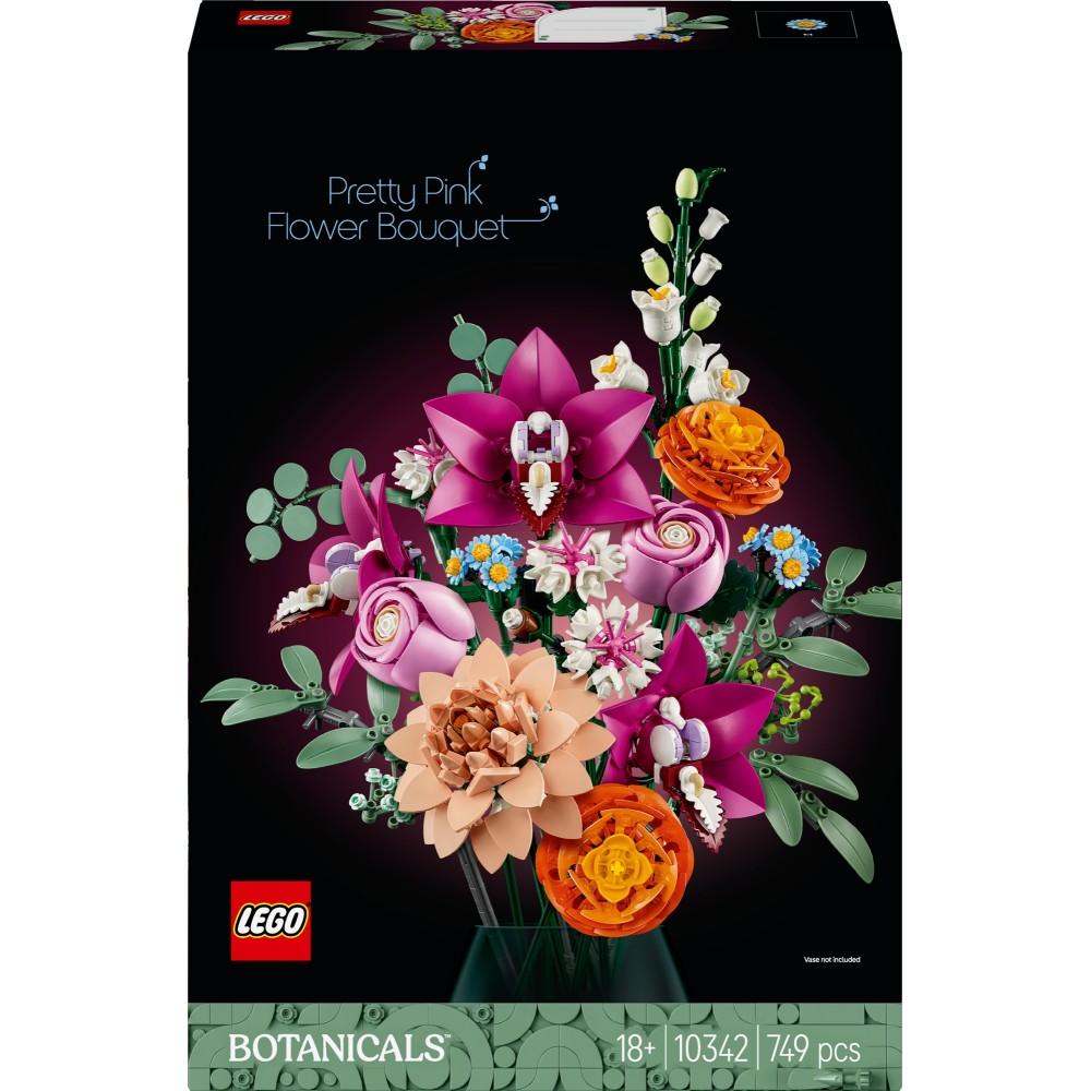 LEGO Botanicals Piękny Bukiet Różowych Kwiatów 10342 - widok zestawu z regulowanymi łodygami