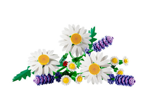 Zbliżenie na szczegóły zestawu LEGO Botanicals Stokrotki 11508 – kwiaty i biedronka