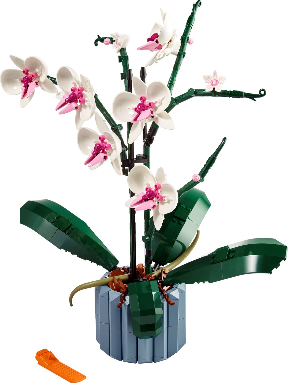 Zbliżenie na biało-różowe kwiaty i ruchome korzenie powietrzne w zestawie LEGO Botanicals Orchidea