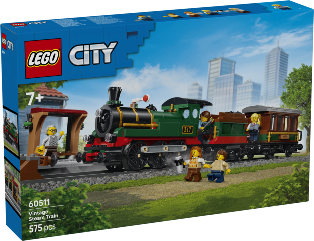 LEGO City Retro pociąg z lokomotywą parową 60511 – model z peronem i wagonem pasażerskim