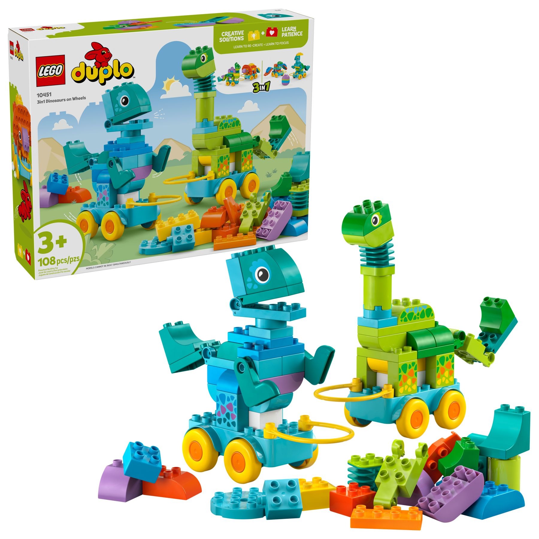 Zestaw LEGO Duplo 3w1 Dinozaury na kółkach 10451 z ruchomymi figurkami i 108 klockami