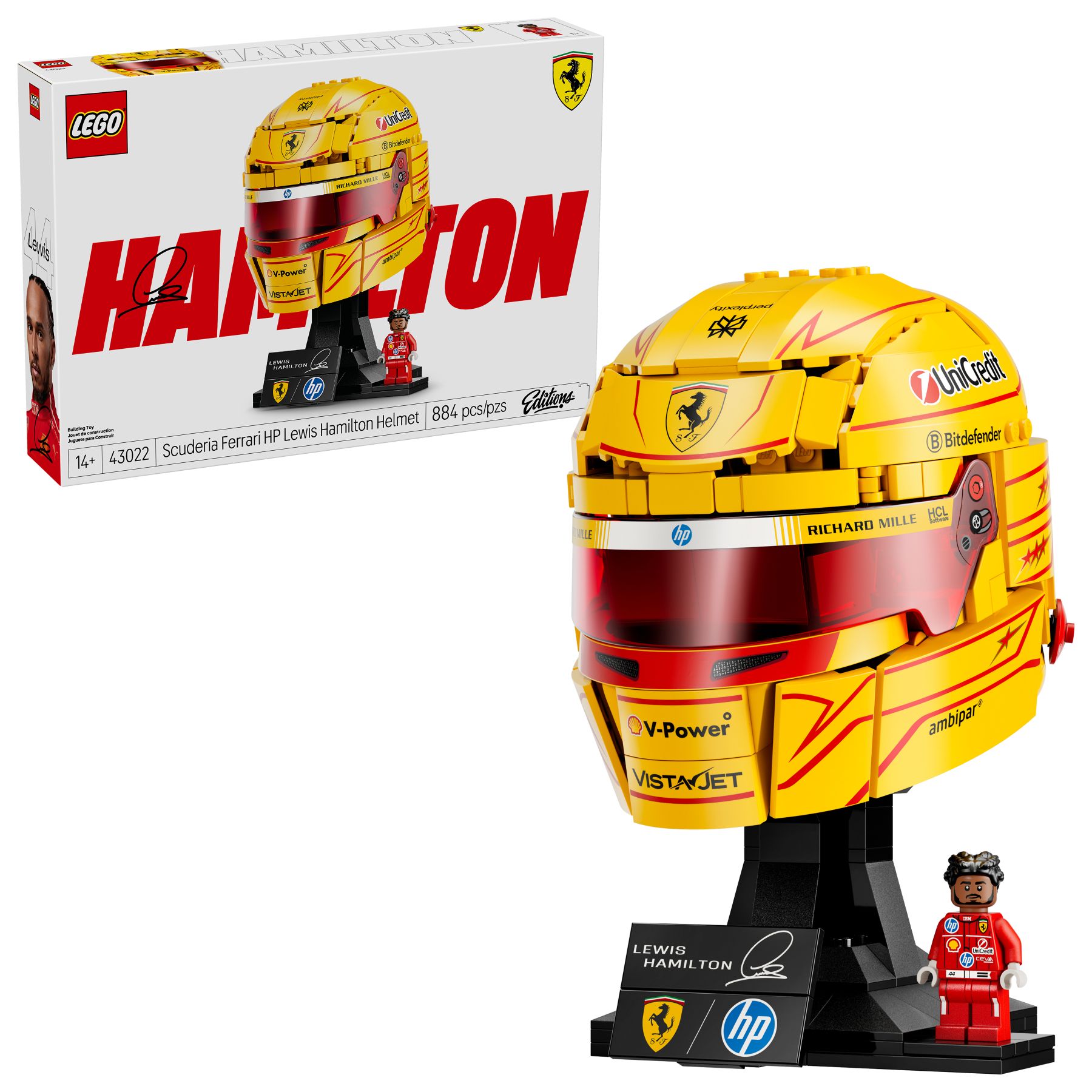 Model kasku Lewisa Hamiltona LEGO Editions Scuderia Ferrari HP 43022 w żółtym kolorze Modena