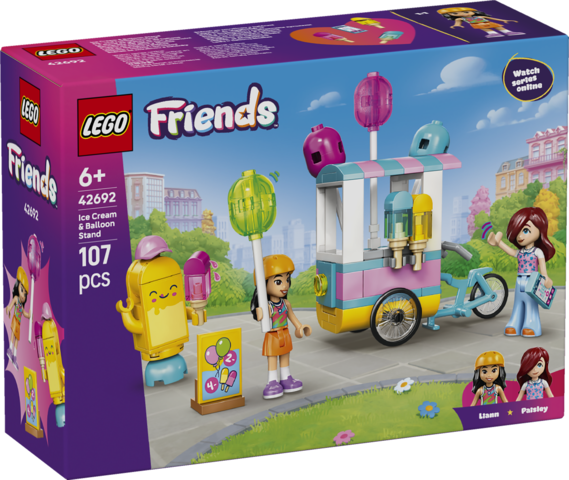 LEGO Friends Stoisko z lodami i balonami 42692 z rowerem i minilaleczkami Liann oraz Paisley