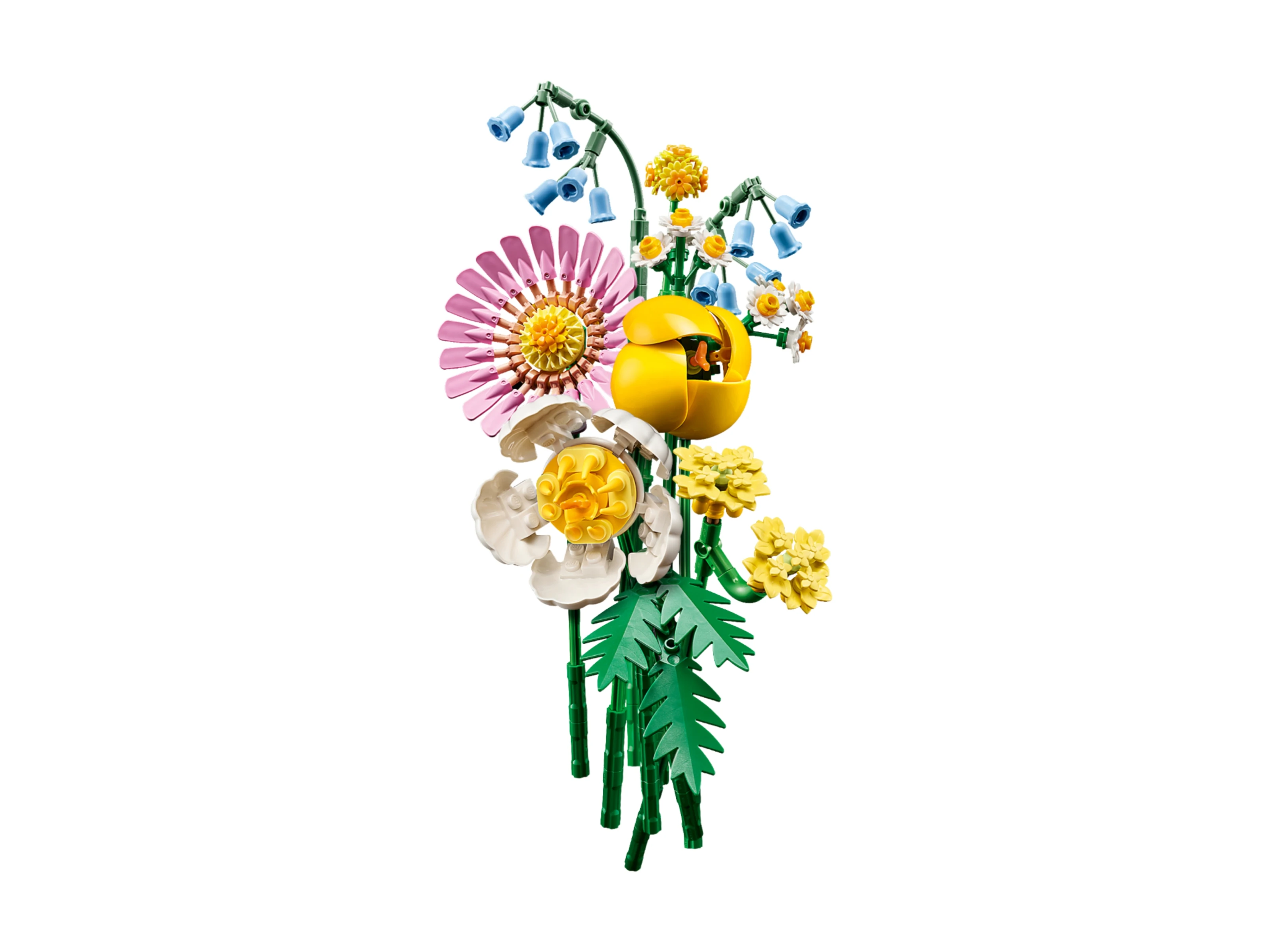 Elementy zestawu LEGO Botanicals 10347 z bliska — kolorowe kwiaty i liście do samodzielnego układania