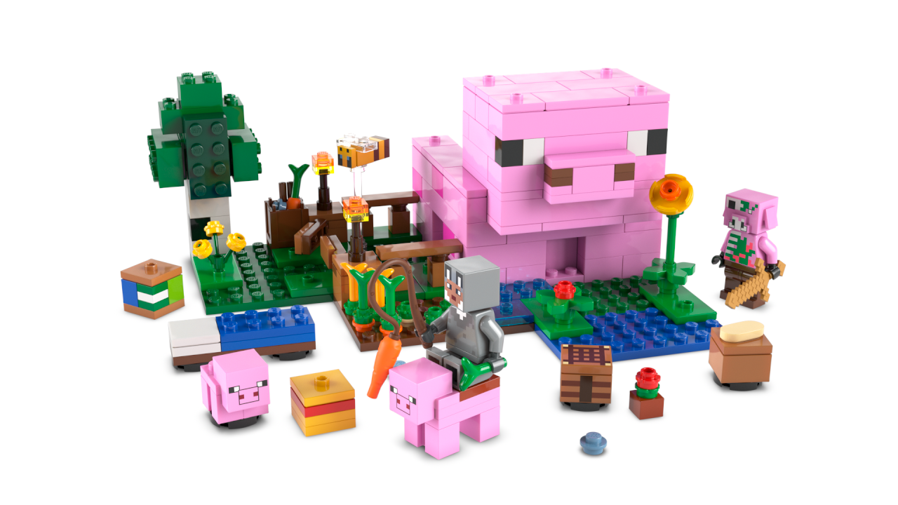 Widok zestawu LEGO Minecraft Dom Prosiaczka 21268 z postaciami i elementami farmy