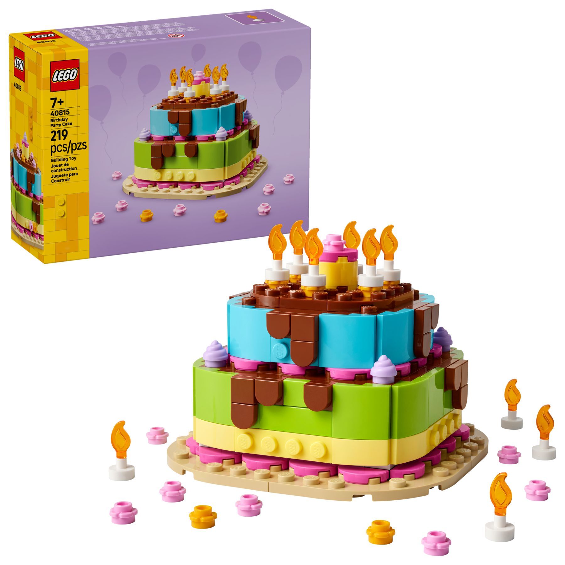 LEGO Iconic Tort na przyjęcie urodzinowe 40815 z personalizowanymi świeczkami i różowymi kwiatami