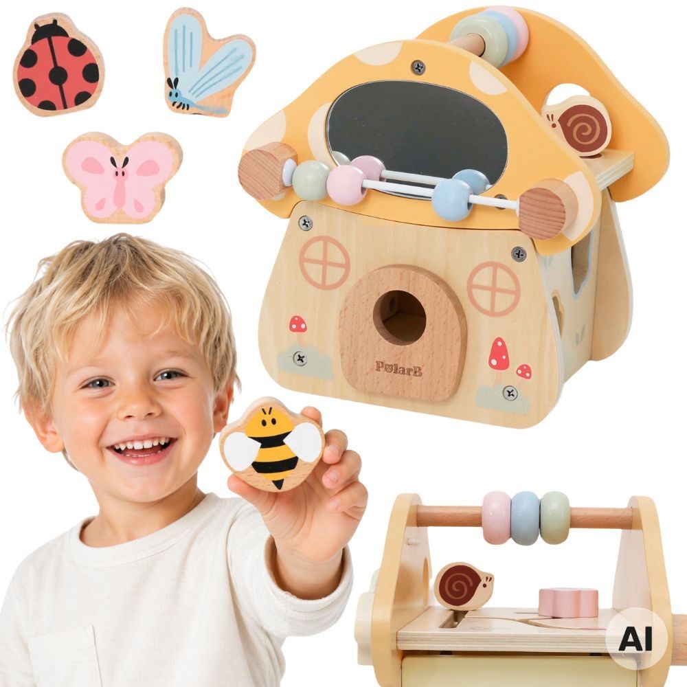 Drewniany Grzybek Aktywności Viga Toys - widok całości zabawki z sorterem i lusterkiem