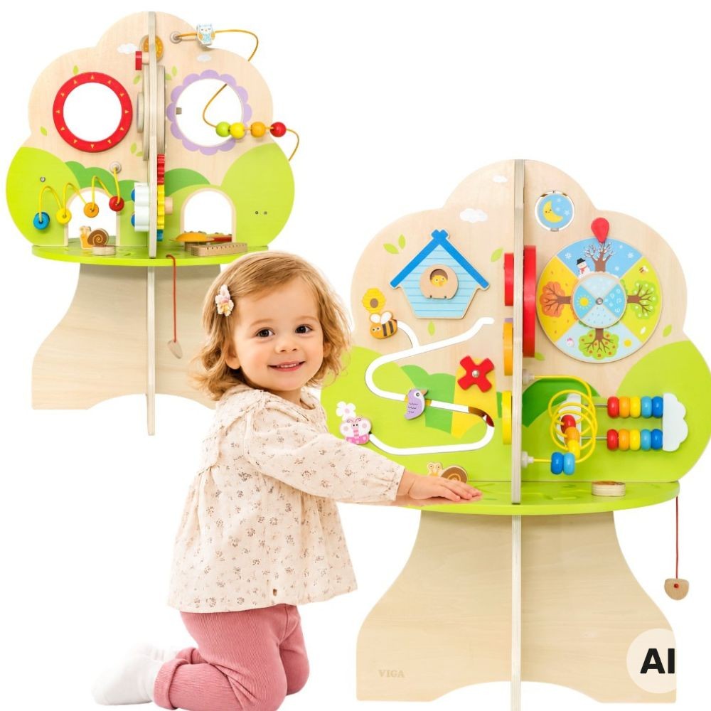 Wielofunkcyjne drewniane Drzewko Aktywności Viga Toys 55 × 55 × 75,8 cm z kolorowymi elementami