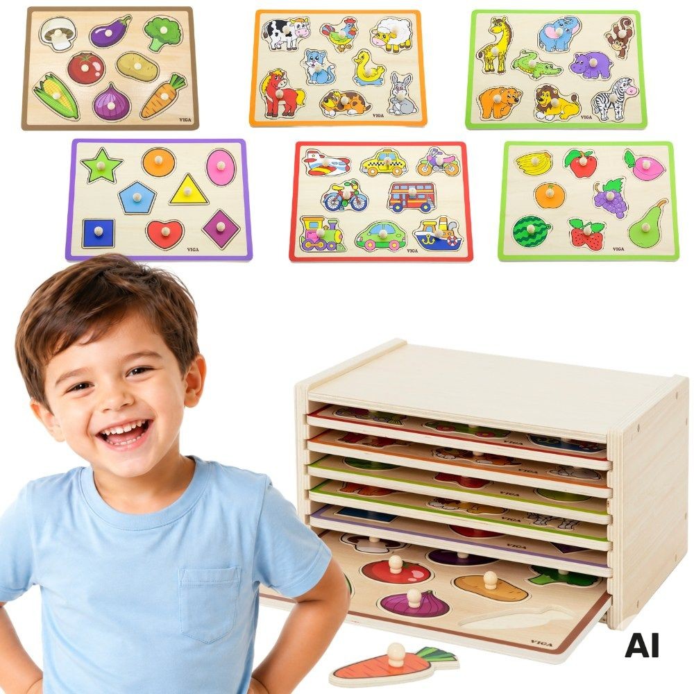 Drewniane puzzle z uchwytami i półką Viga Toys - zestaw edukacyjny dla małych dzieci