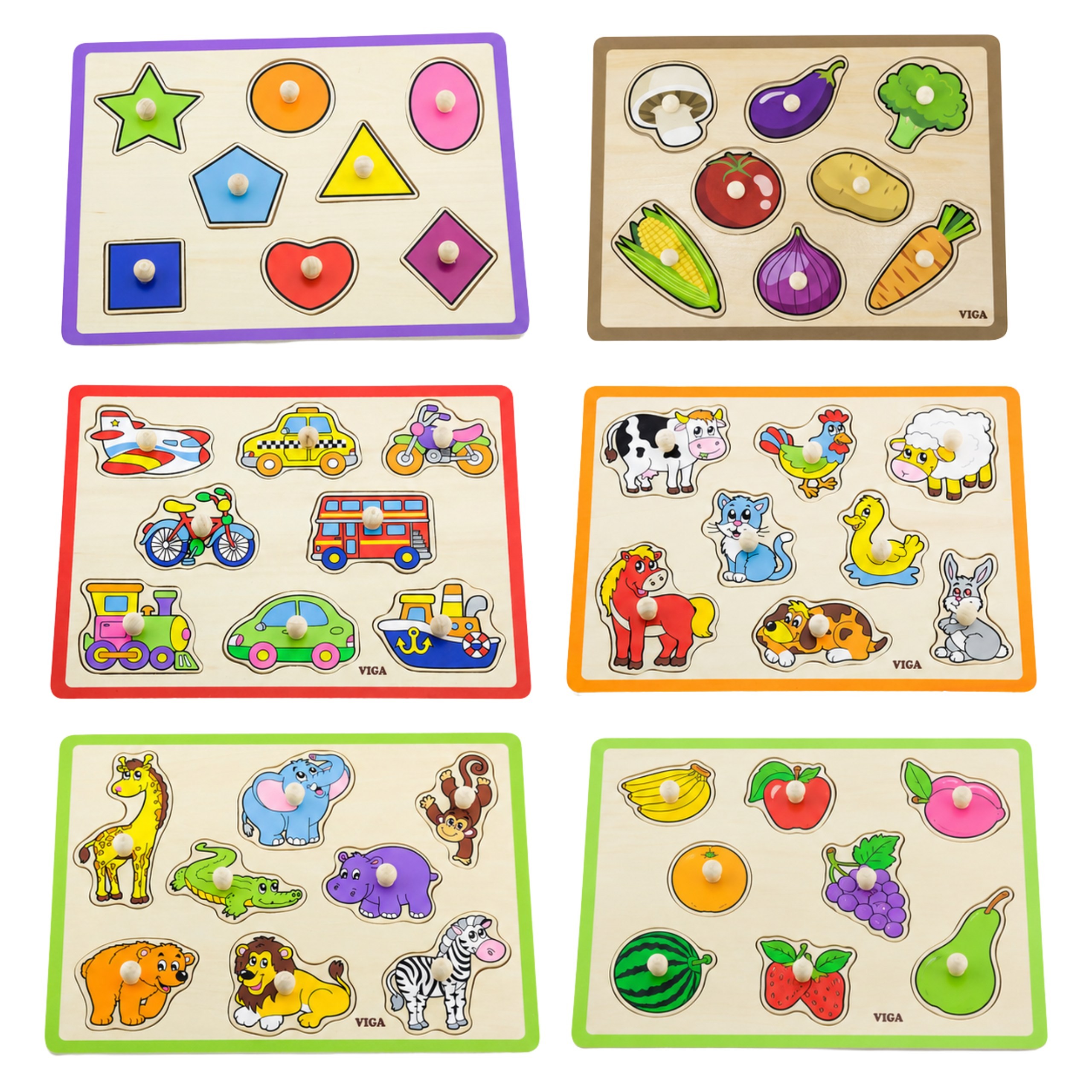 Plansze drewnianych puzzli Viga Toys z motywami zwierząt, pojazdów i figur geometrycznych