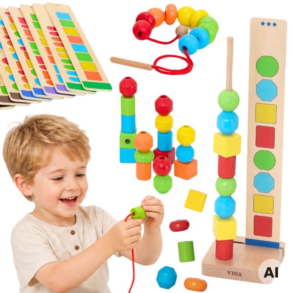 Drewniane koraliki do nawlekania VIGA Toys z 64 elementami i kolorowymi kształtami