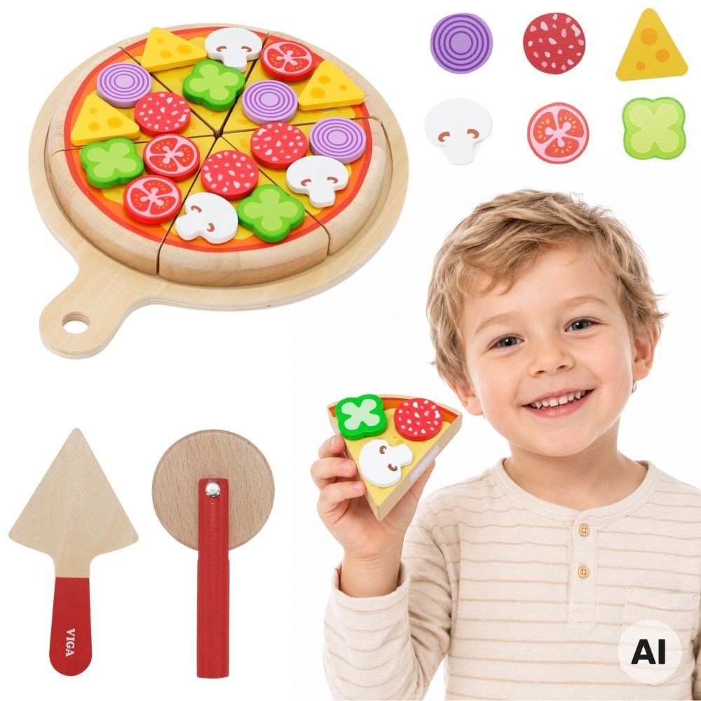 Drewniany zestaw do pizzy Viga Toys z 27 elementami do kreatywnej zabawy
