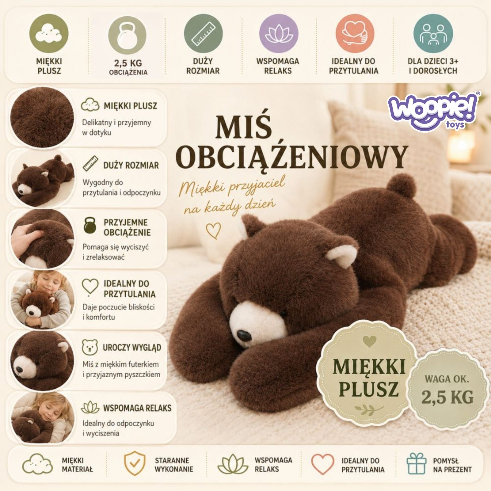 Zbliżenie na miękki materiał Misia Balboa oraz etykietę, ilustrujące przyjemną w dotyku fakturę