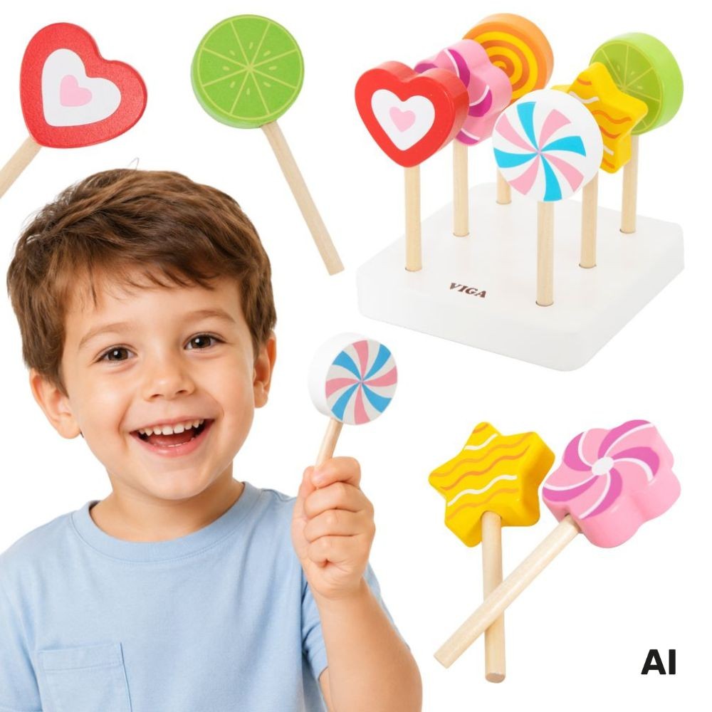 Zestaw 6 drewnianych lizaków VIGA Toys w różnorodnych kolorach i kształtach